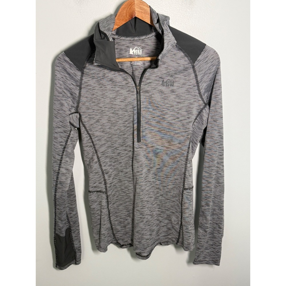 REI Co-op Womens Medium Grey Striped Quarter Zip Active Hoodie Thumbhole Top